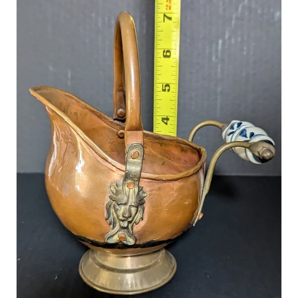 Vintage MCM Copper & Brass Coal Scuttle Lion Mounts Delft-Style Ceramic Handle